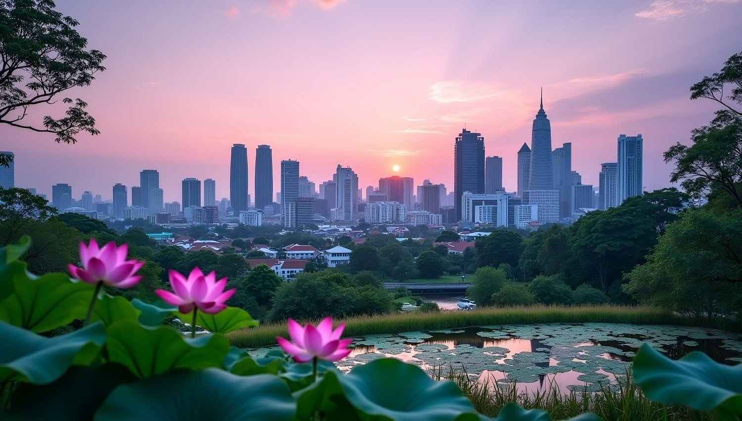 Bangkok Skyline with Lotus Flowers